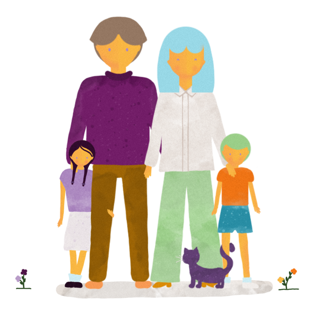 Ilustración de una familia — papá, mamá, hijo e hija — protegida por Pazia"